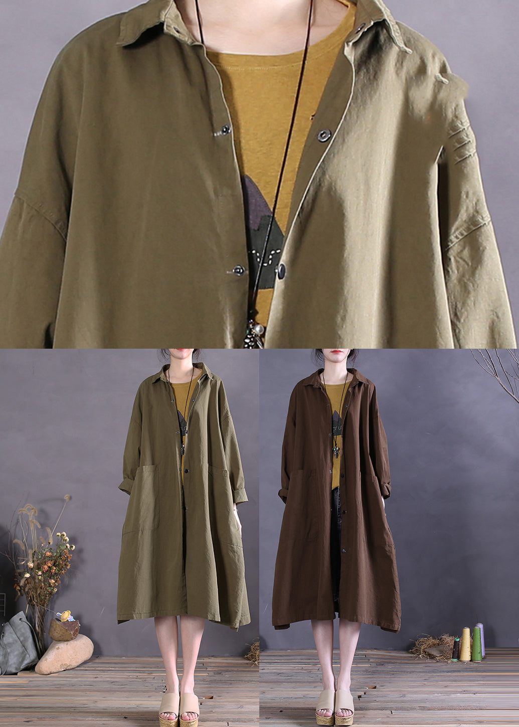 Women Army Green Peter Pan Collar Button Cotton Trench Coats Long Sleeve