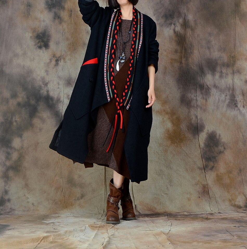 Omychic Autumn winter Retro Woollen Coat blends Outwear Vintage Overcoat Loose Long Coat Ladies Patchwork Trench - Omychic