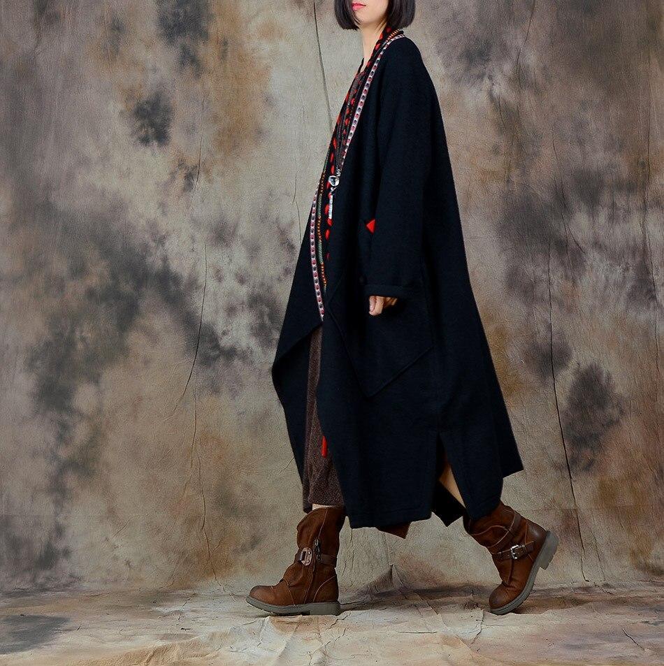 Omychic Autumn winter Retro Woollen Coat blends Outwear Vintage Overcoat Loose Long Coat Ladies Patchwork Trench - Omychic
