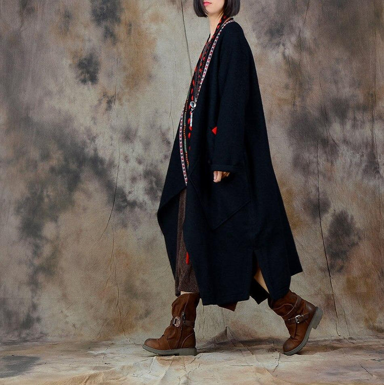 Omychic Autumn winter Retro Woollen Coat blends Outwear Vintage Overcoat Loose Long Coat Ladies Patchwork Trench - Omychic