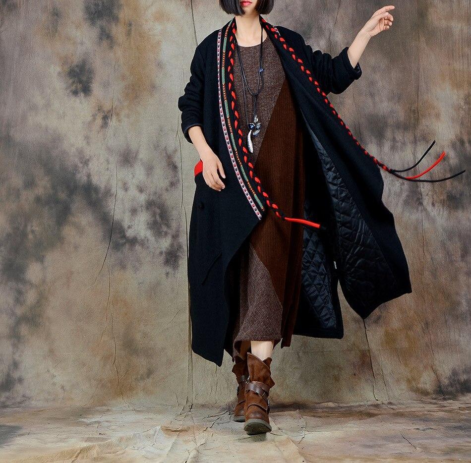 Omychic Autumn winter Retro Woollen Coat blends Outwear Vintage Overcoat Loose Long Coat Ladies Patchwork Trench - Omychic