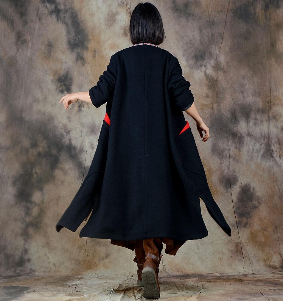 Omychic Autumn winter Retro Woollen Coat blends Outwear Vintage Overcoat Loose Long Coat Ladies Patchwork Trench - Omychic