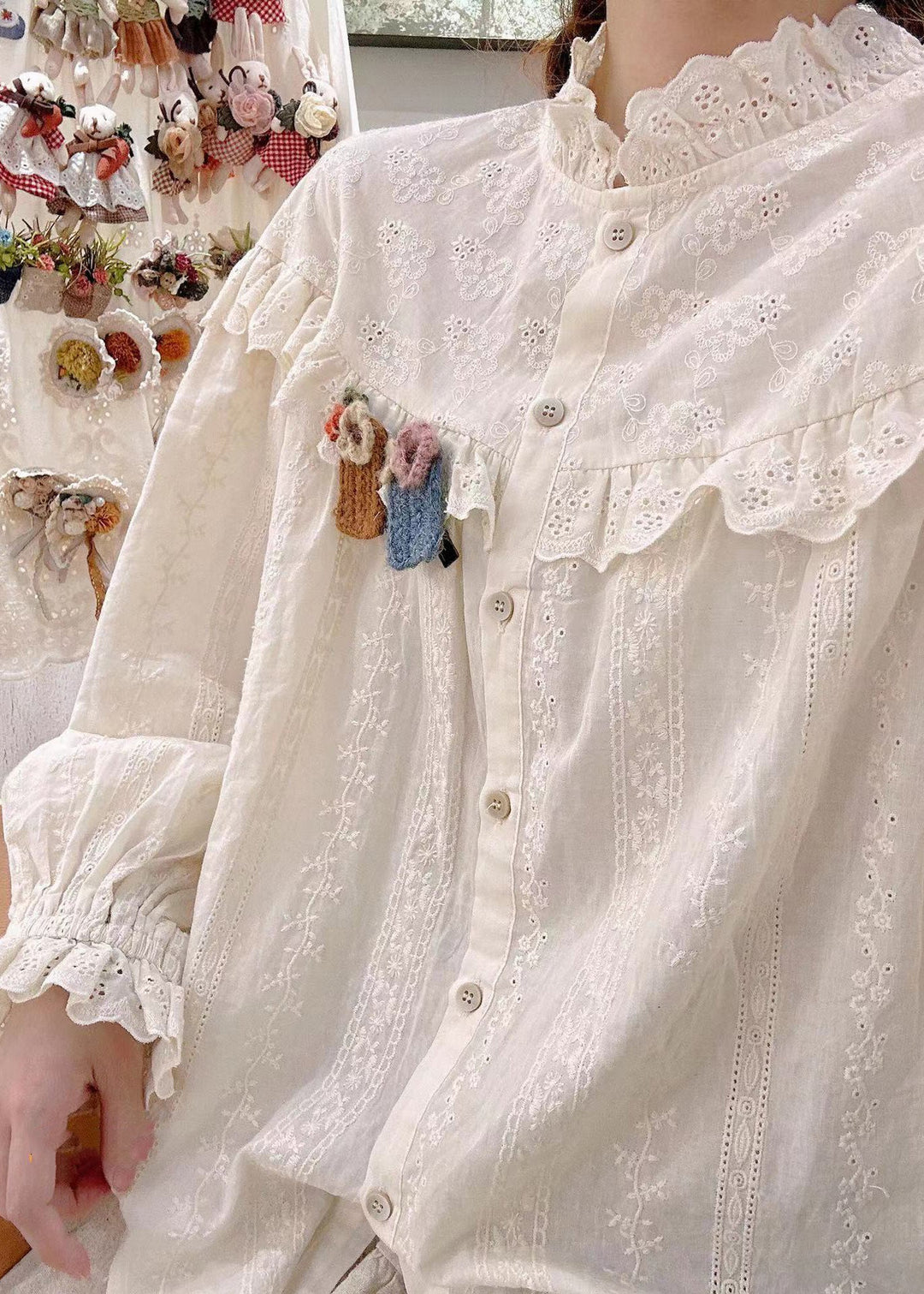 Women Beige Embroidered Hollow Out Cotton Blouse Spring