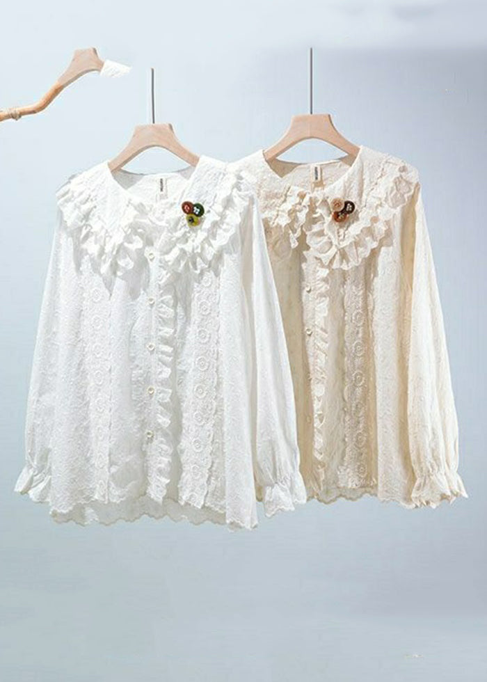 Women Beige Embroideried Button Cotton Blouses Long Sleeve