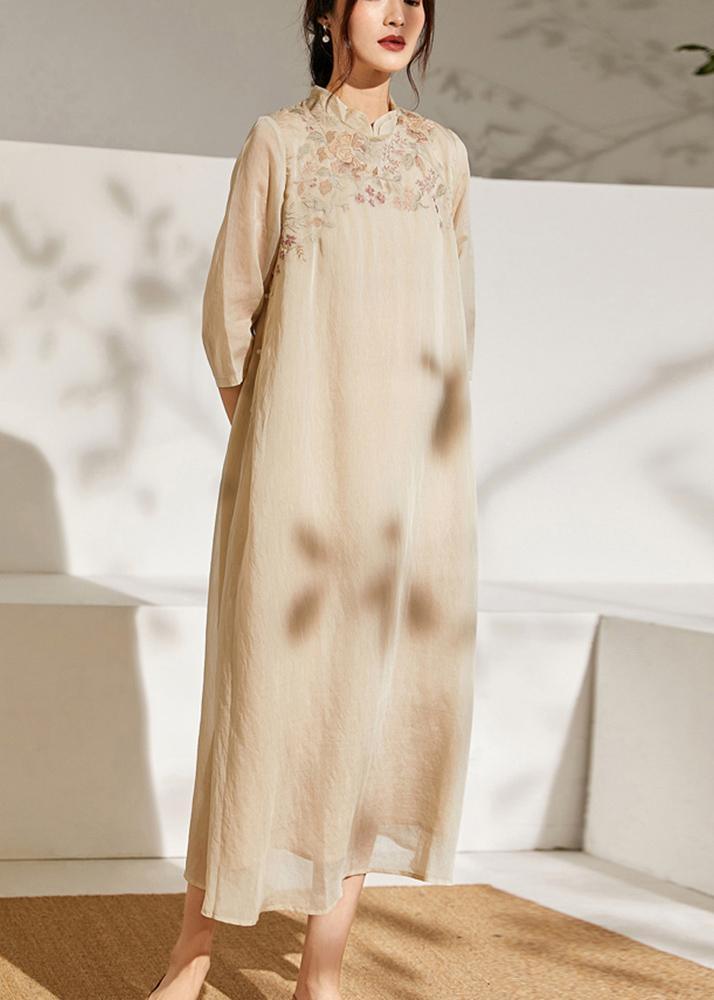 Women Beige Embroideried Patchwork Button Summer Long Dress - Omychic