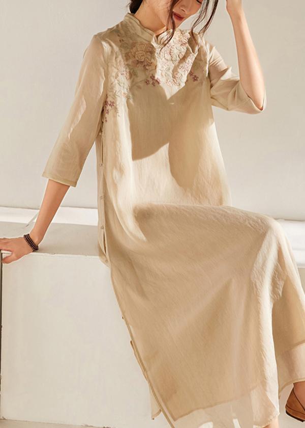 Women Beige Embroideried Patchwork Button Summer Long Dress - Omychic