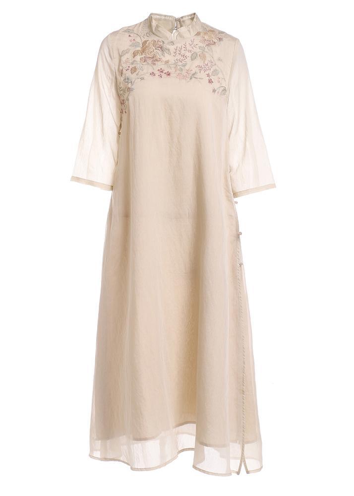 Women Beige Embroideried Patchwork Button Summer Long Dress - Omychic