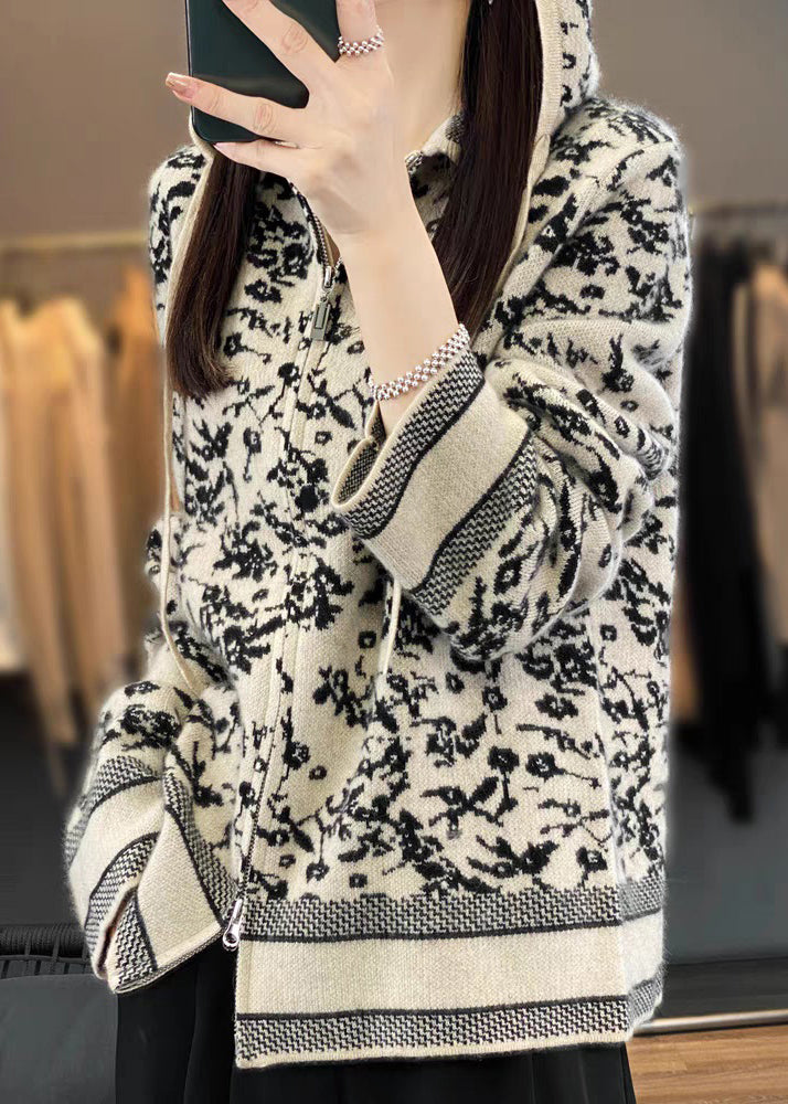 Women Beige Hooded Zippered Print Wool Knit Coat Long Sleeve