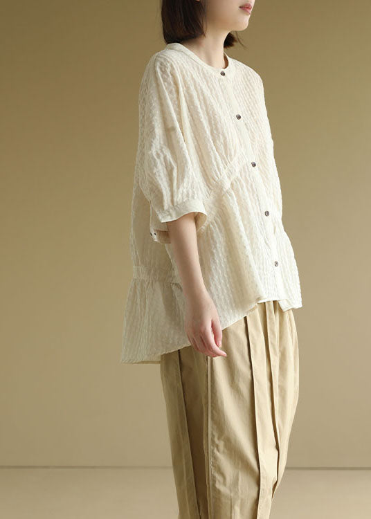 Women Beige O-Neck Oversized Wrinkled Shirt Top Bracelet Sleeve