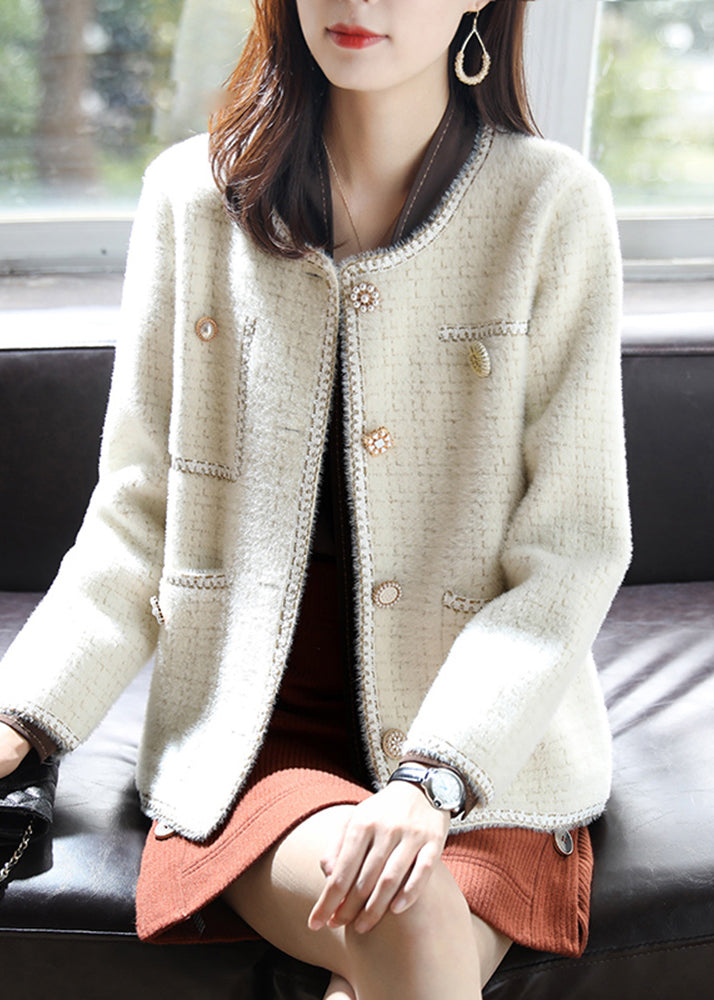 Women Beige O-Neck Plaid Cotton Coats Spring