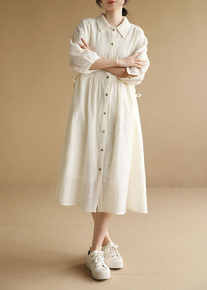 Women Beige Peter Pan Collar Wrinkled Drawstring Long Dresses Bracelet Sleeve