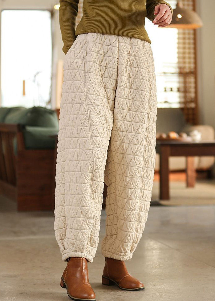 Women Beige Pockets High Waist Cotton Filled Pants Spring