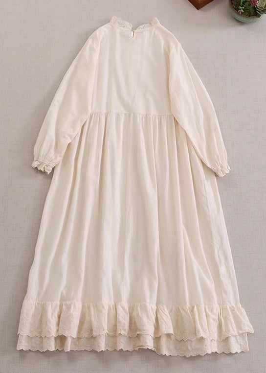 Women Beige Solid Ruffled Cotton Dresses Long Sleeve