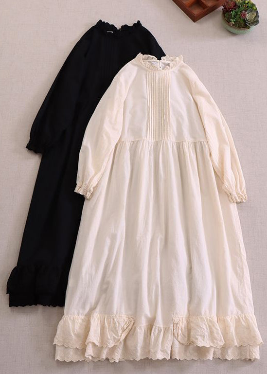 Women Beige Solid Ruffled Cotton Dresses Long Sleeve