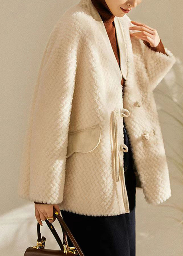 Women Beige Tasseled Chinese Button Patchwork Wool Coats Winter