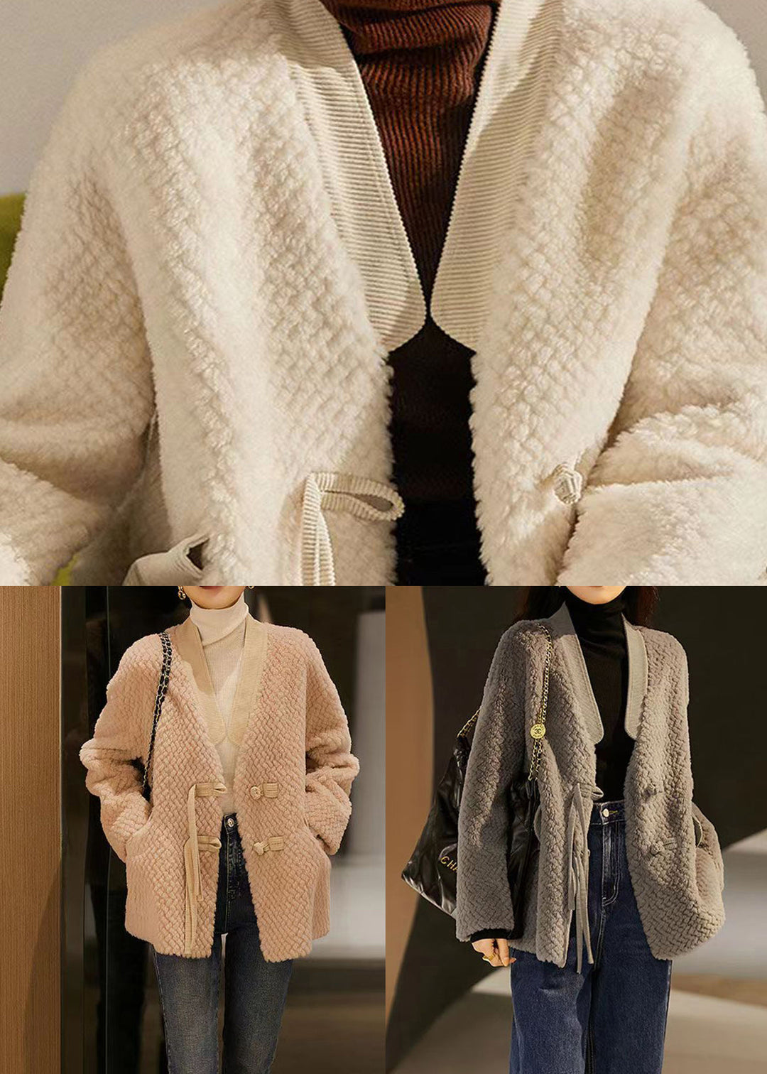 Women Beige Tasseled Chinese Button Patchwork Wool Coats Winter