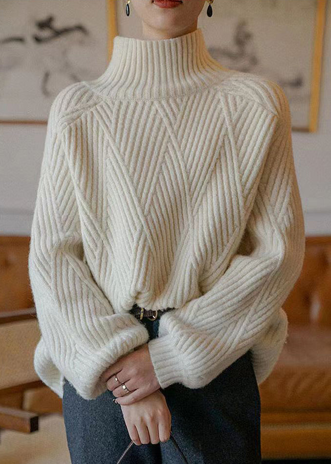 Women Beige Turtleneck Cozy Patchwork Cotton Knit Sweaters Fall