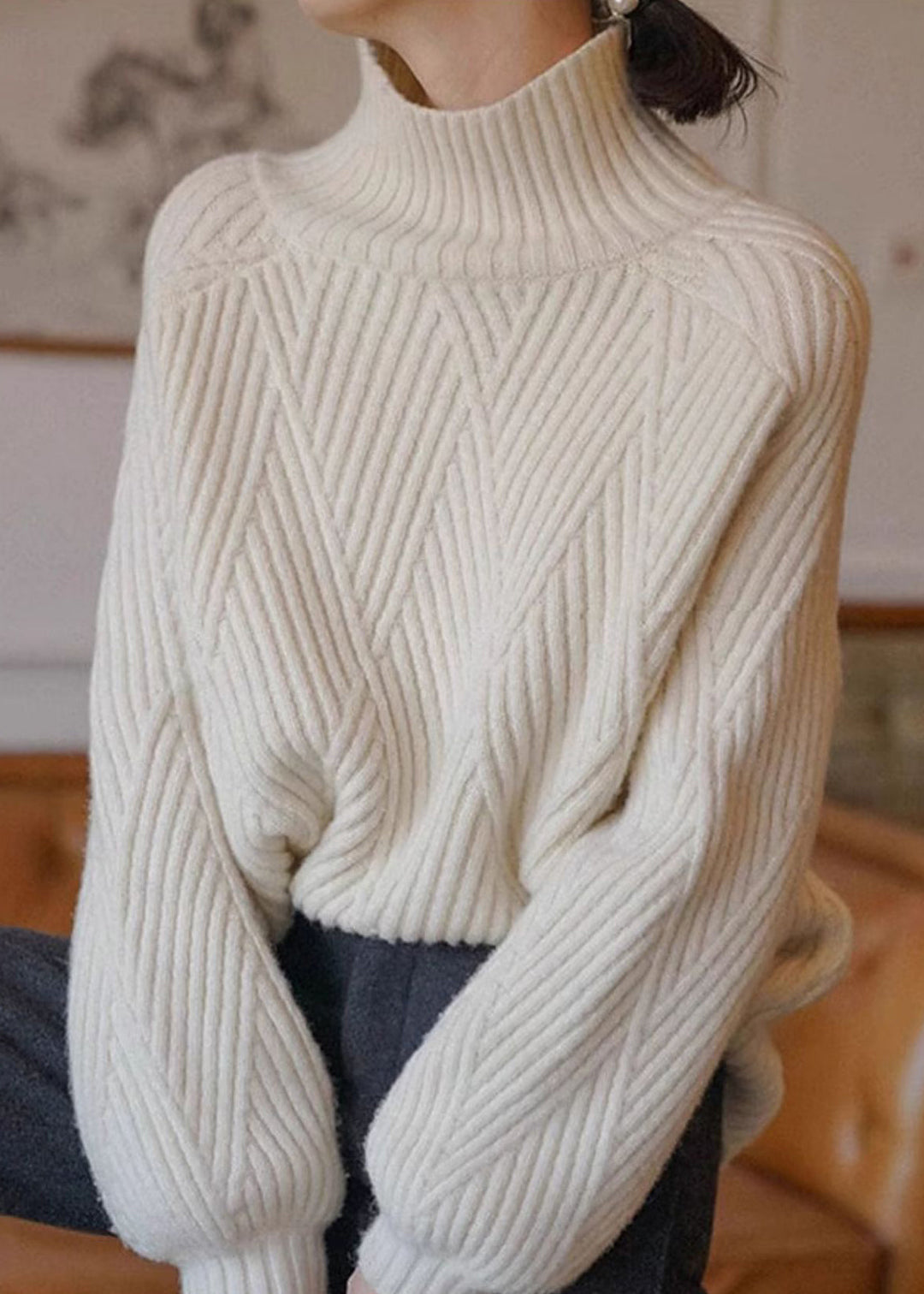 Women Beige Turtleneck Cozy Patchwork Cotton Knit Sweaters Fall