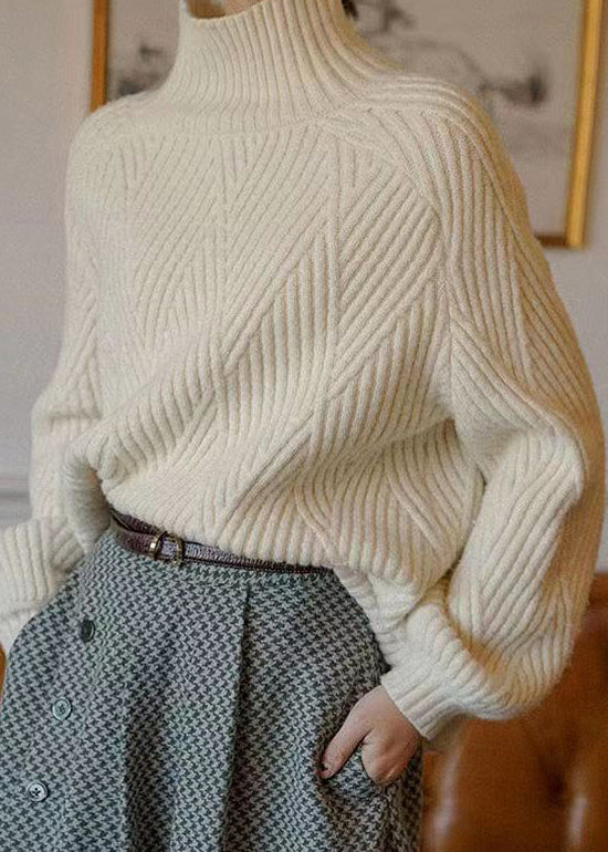 Women Beige Turtleneck Cozy Patchwork Cotton Knit Sweaters Fall