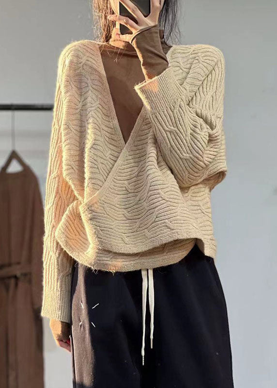 Women Beige V Neck Oversized Original Design Knit Sweater Winter