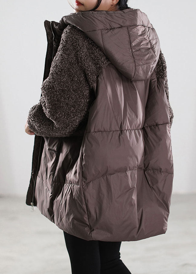Women Beige Zip Up Patchwork Faux Fur down coat Winter