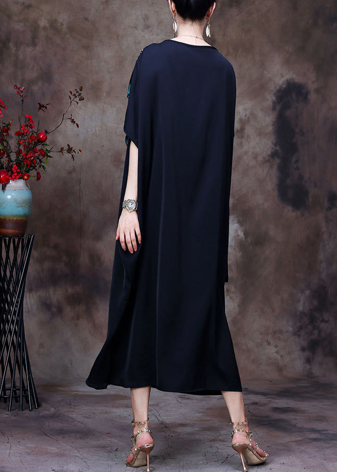 Women Black Asymmetrical Design Print Chiffon Dress Batwing Sleeve