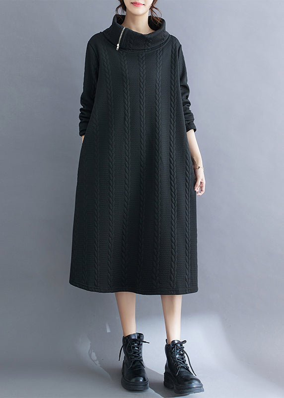 Women Black Asymmetrical Turtleneck Cotton Long Dress Fall