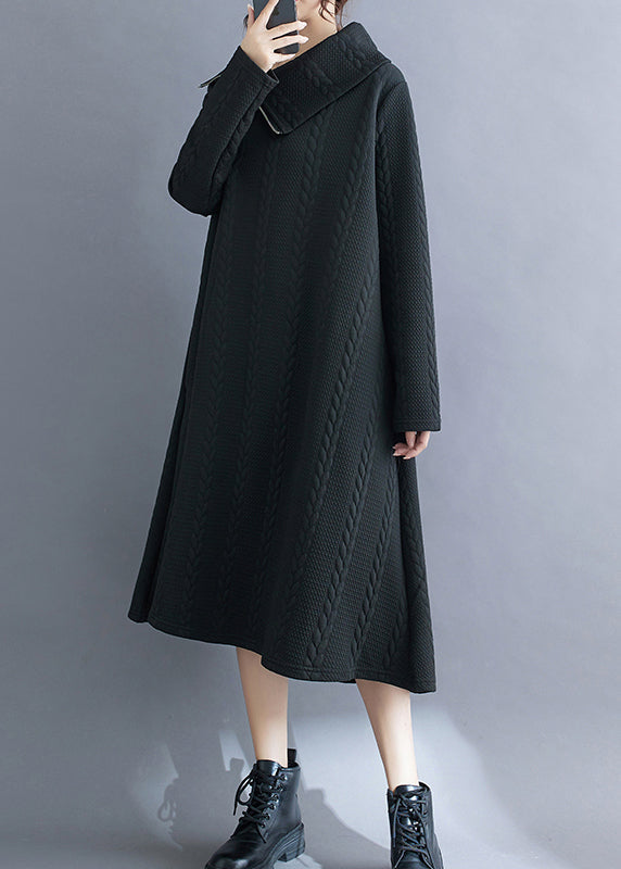 Women Black Asymmetrical Turtleneck Cotton Long Dress Fall