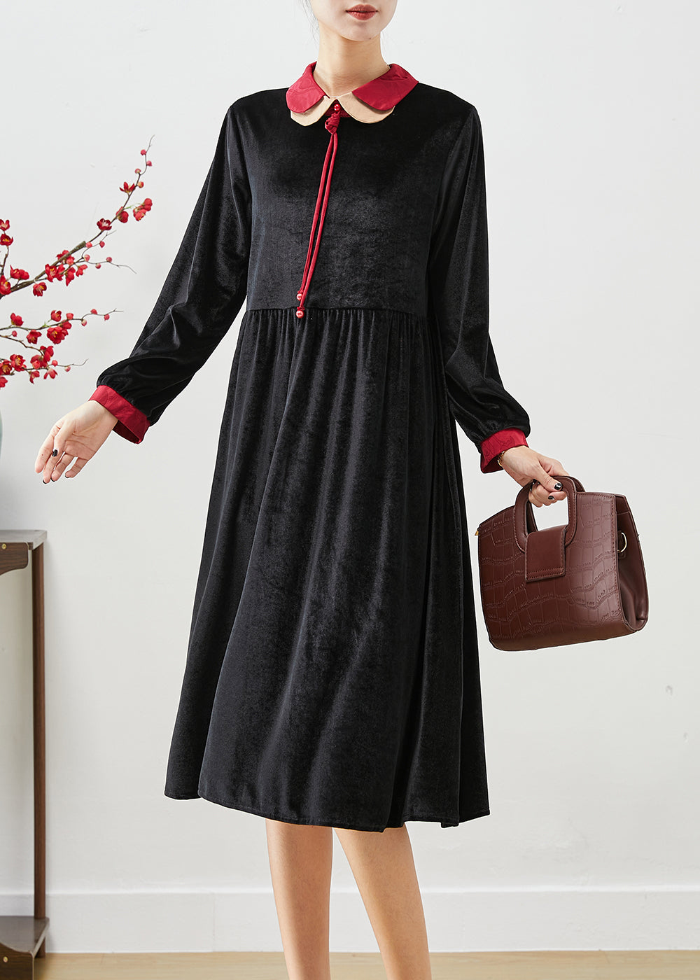 Women Black Double-layer Tasseled Silk Velour Dress Fall