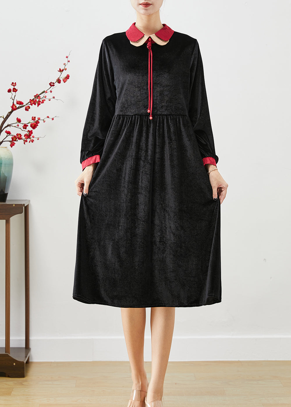 Women Black Double-layer Tasseled Silk Velour Dress Fall