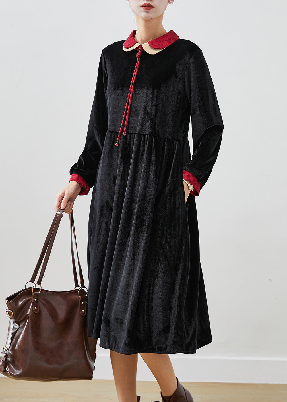 Women Black Double-layer Tasseled Silk Velour Robe Dresses Fall