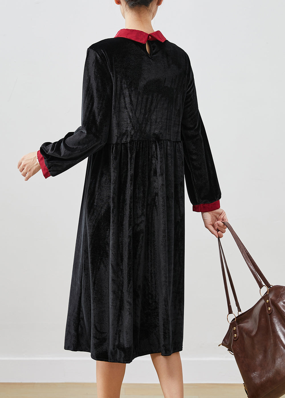 Women Black Double-layer Tasseled Silk Velour Robe Dresses Fall