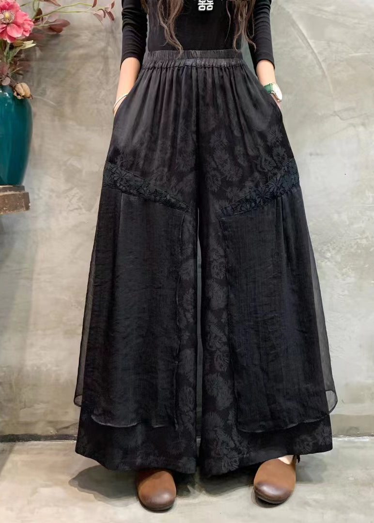 Women Black Embroidered Pockets Patchwork Linen Silk Pants Summer