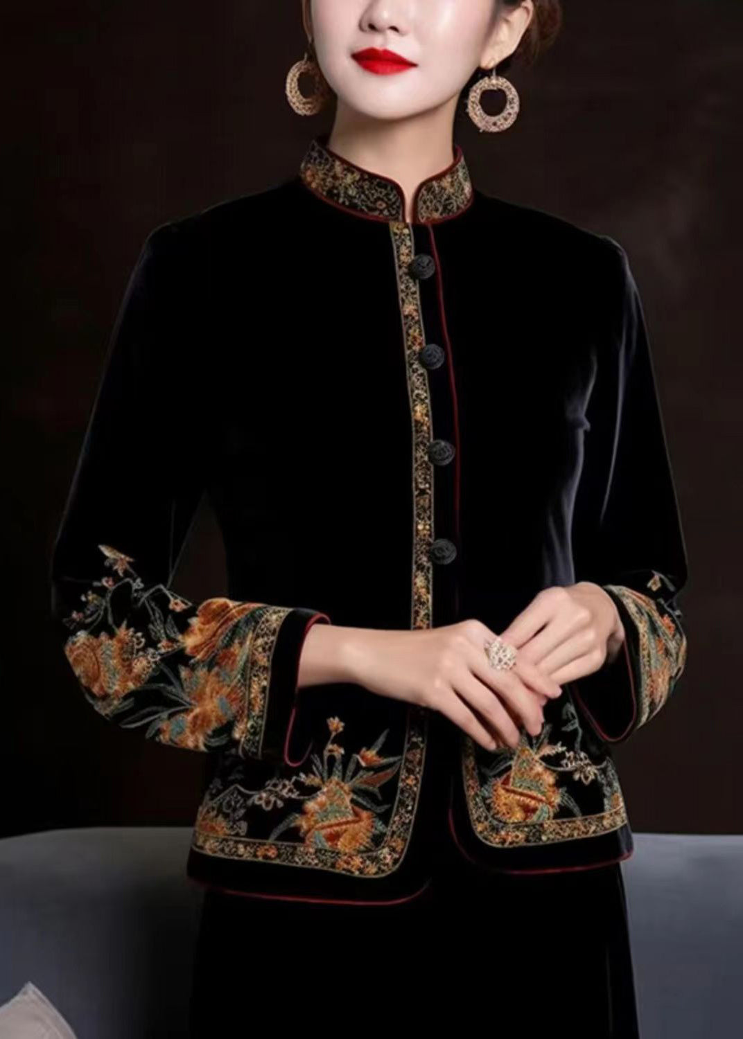 Women Black Embroideried Button Silk Coats Long Sleeve