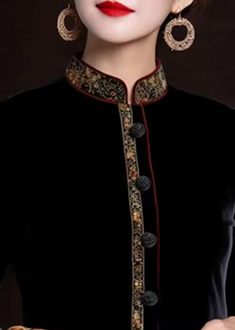 Women Black Embroideried Button Silk Coats Long Sleeve