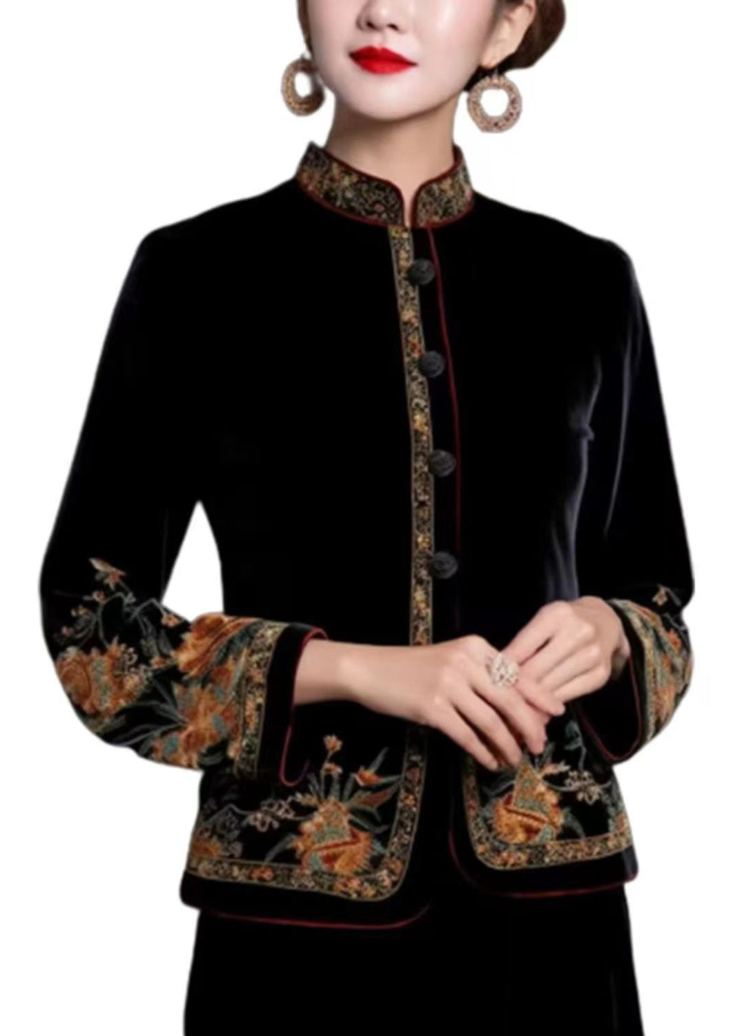 Women Black Embroideried Button Silk Coats Long Sleeve