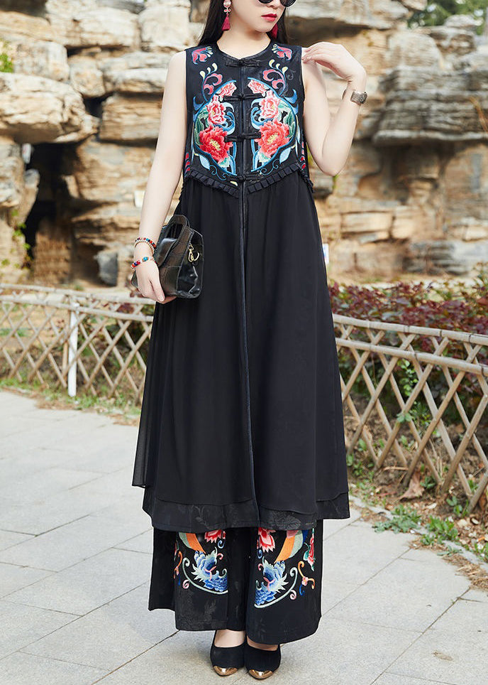 Women Black Embroideried Chinese Button Patchwork Silk Long Waistcoat Sleeveless