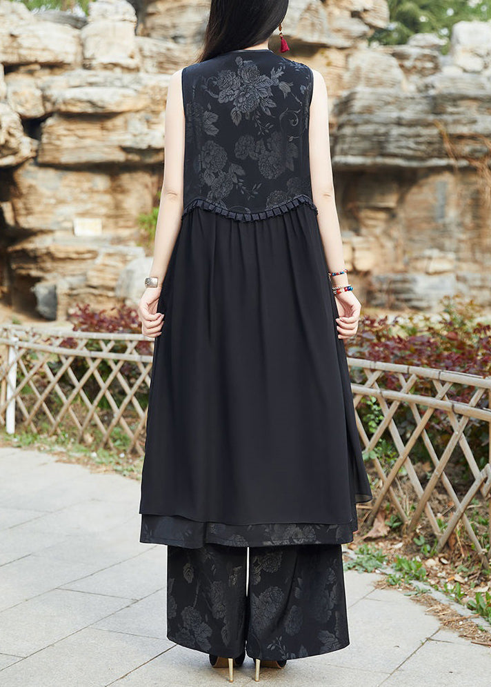 Women Black Embroideried Chinese Button Patchwork Silk Long Waistcoat Sleeveless