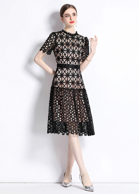 Women Black Embroideried Hollow Out Patchwork Lace Dress Summer