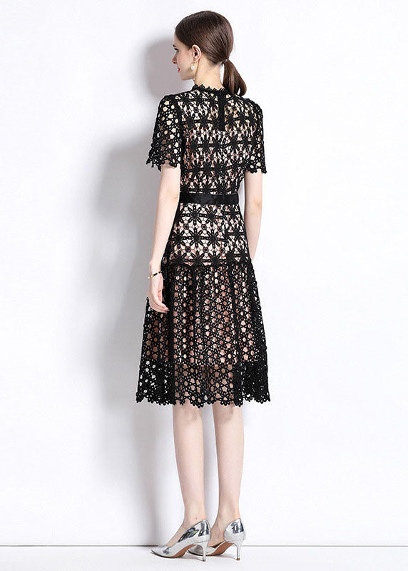 Women Black Embroideried Hollow Out Patchwork Lace Dress Summer
