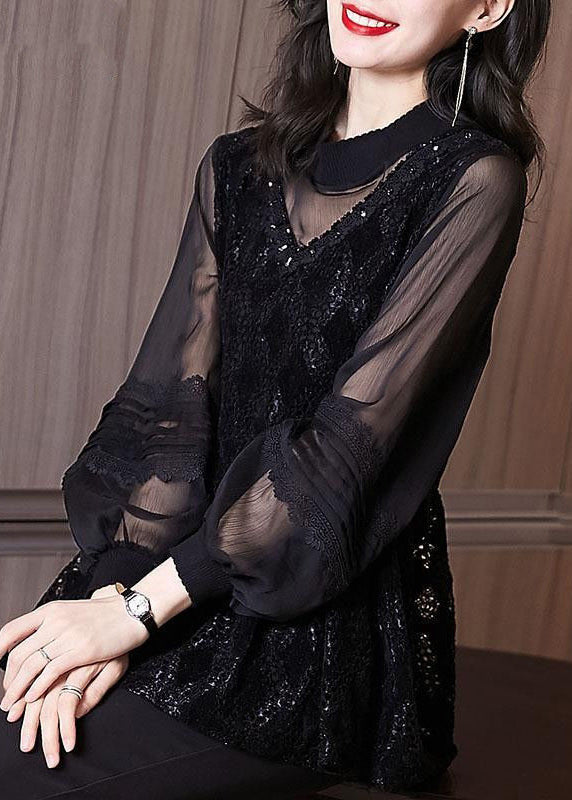 Women Black Embroideried Hollow Out Patchwork Lace Top Lantern Sleeve