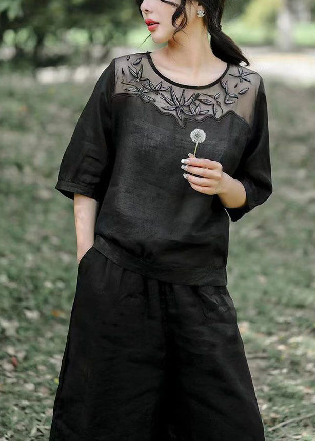 Women Black Embroideried Patchwork Linen 2 Piece Outfit Summer
