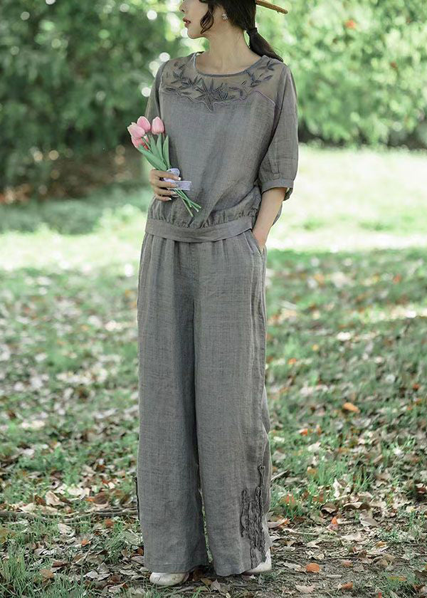 Women Black Embroideried Patchwork Linen 2 Piece Outfit Summer