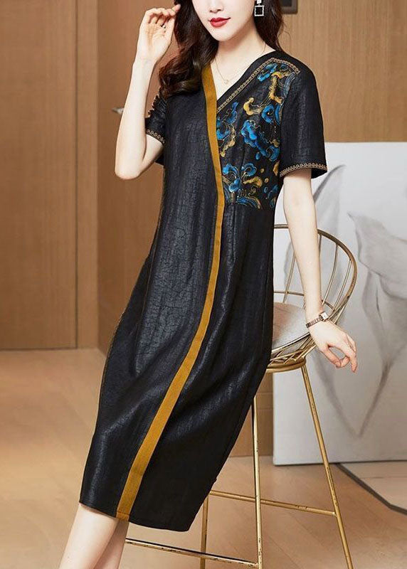 Women Black Embroideried Patchwork Silk Holiday Dress Summer