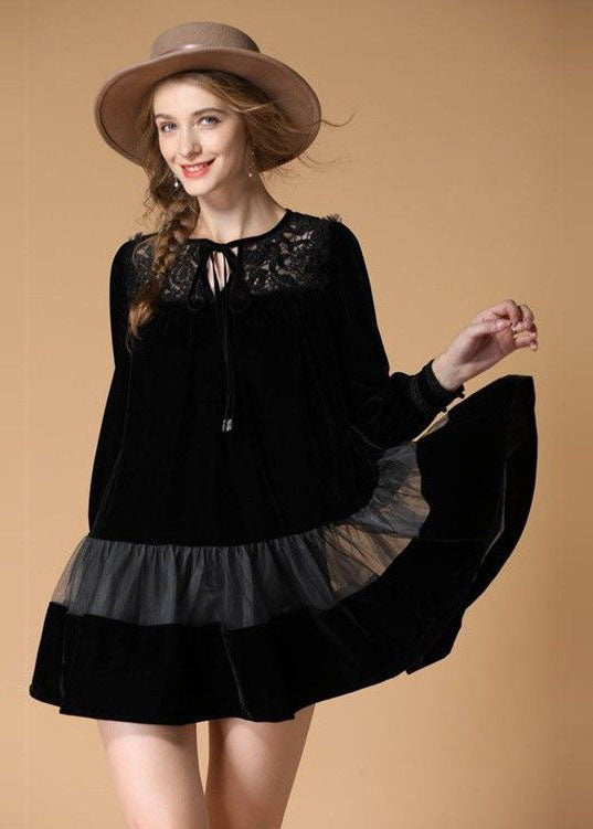 Women Black Embroideried Patchwork Velour Mini Dress Spring