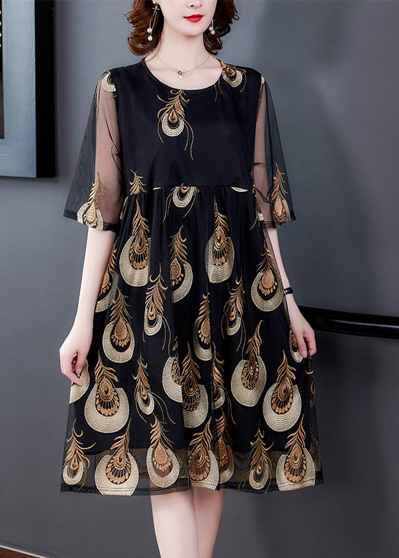 Women Black Embroideried Tulle Patchwork Wrinkled Chiffon Dress Half Sleeve