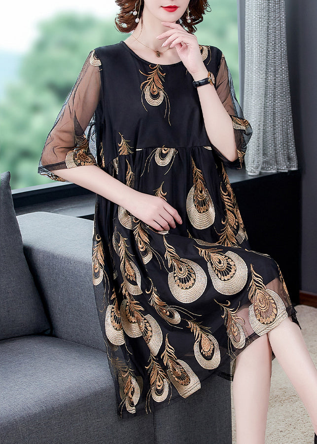 Women Black Embroideried Tulle Patchwork Wrinkled Chiffon Dress Half Sleeve