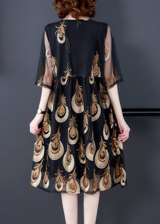 Women Black Embroideried Tulle Patchwork Wrinkled Chiffon Dress Half Sleeve