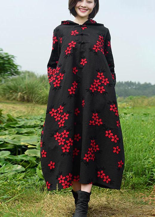 Women Black Embroidery Quilting Dresses Hooded Maxi Spring Dresses - Omychic