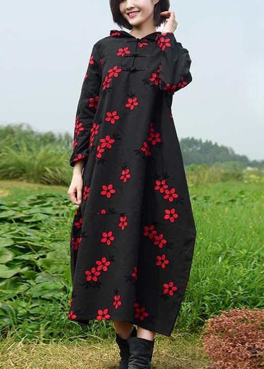 Women Black Embroidery Quilting Dresses Hooded Maxi Spring Dresses - Omychic
